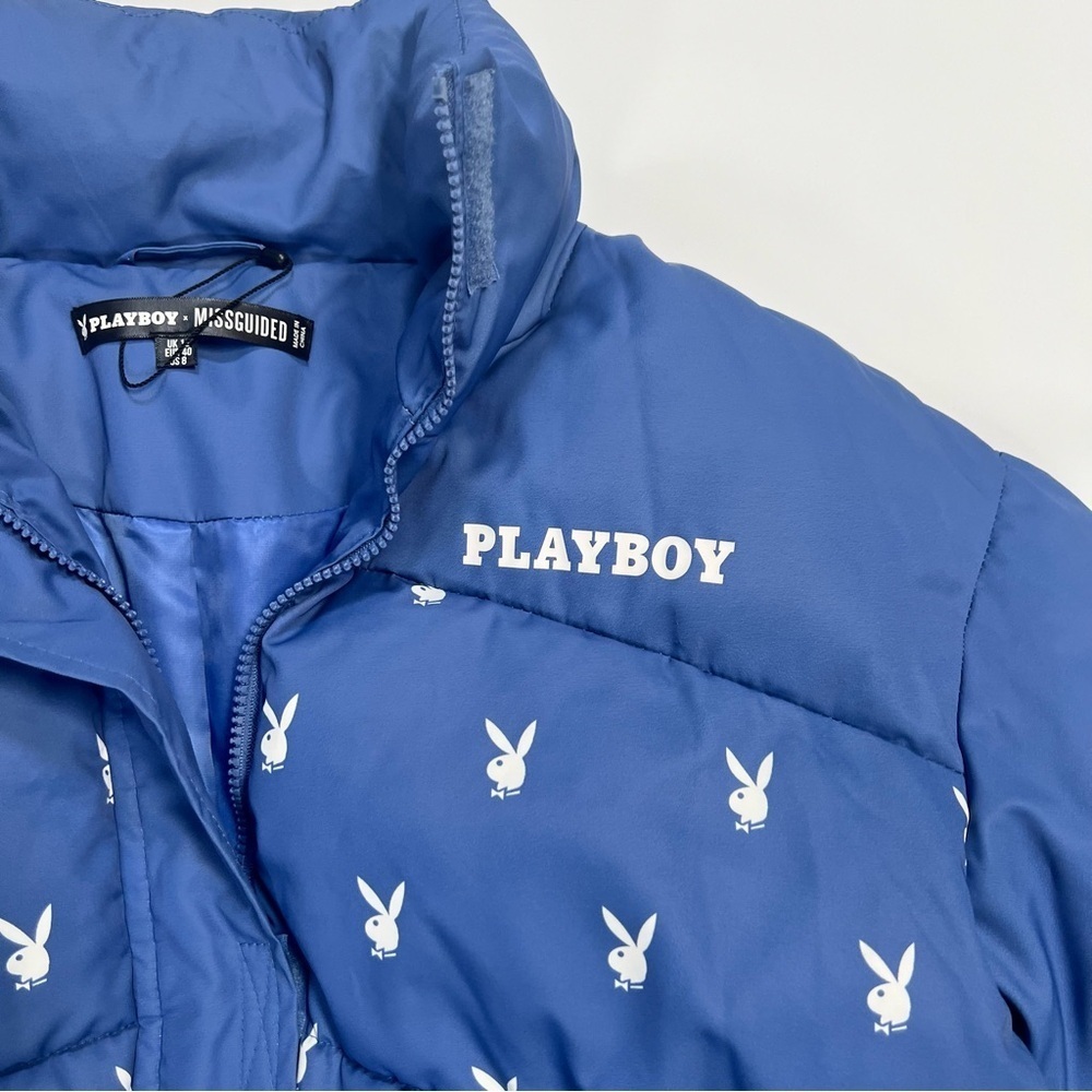 Playboy x Missguided Blue Logo Puffer Jacket Y2K Streetwear Size 8 Cropped Coat - Picture 5 of 9